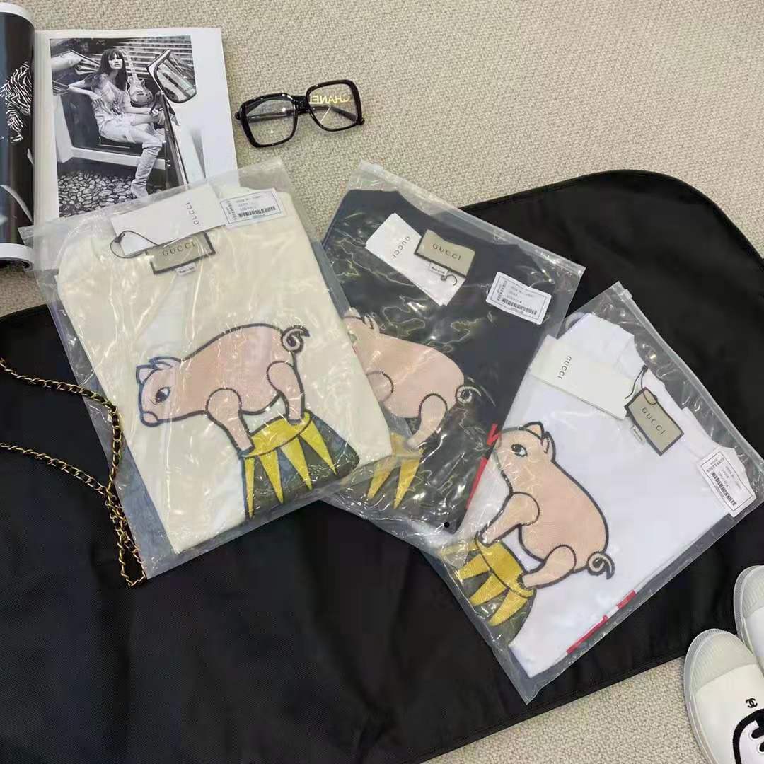 Gucci Men Piglet Patch Oversize T-Shirt Cotton Jersey Crewneck Oversize Fit-White