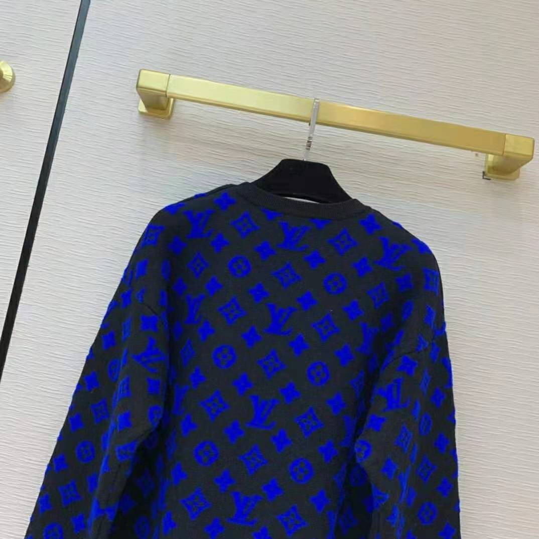 Louis Vuitton Women Full Monogram Jacquard Crew Neck Cotton Blue Regular Fit