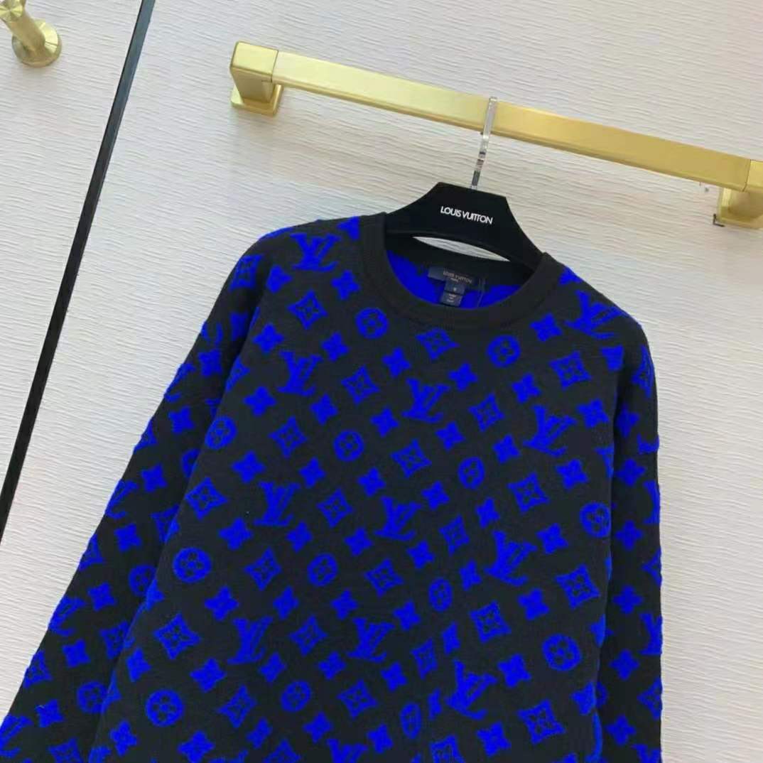 Louis Vuitton Women Full Monogram Jacquard Crew Neck Cotton Blue Regular Fit