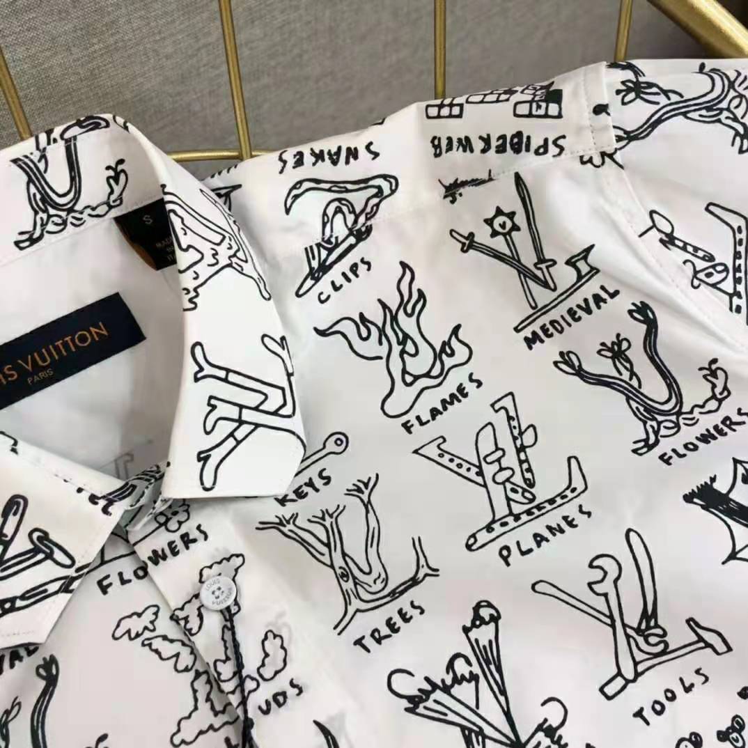 Louis Vuitton Men Placed Graphic Shirt LV Cartoons Cotton Regular Fit-White