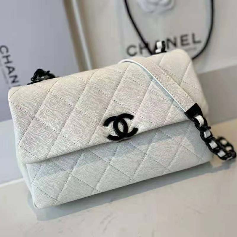 Chanel Women Small Flap Bag Grained Calfskin Lacquered Metal White Black