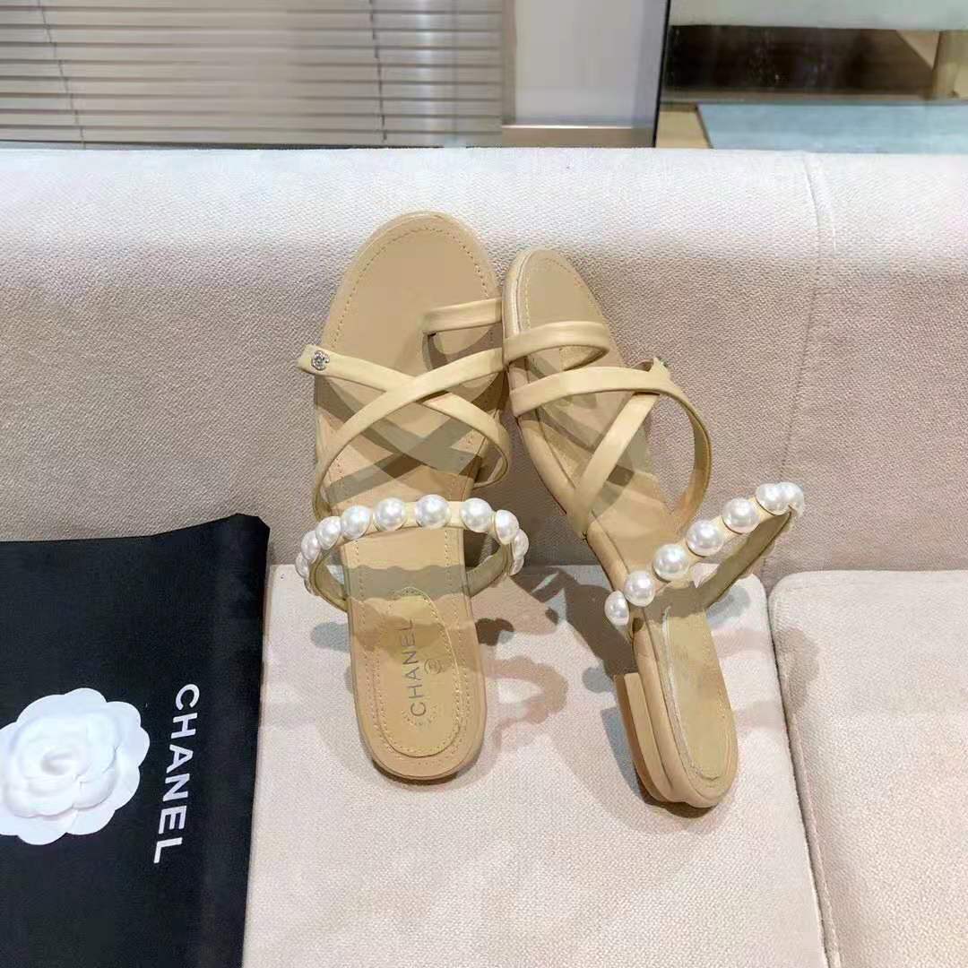 Chanel Women Mules Kid Suede & Pearls Beige 1.5 cm Heel