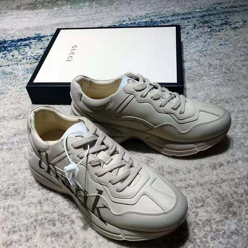Gucci GG Men’s Think Thank Print Rhyton Sneaker Ivory Leather