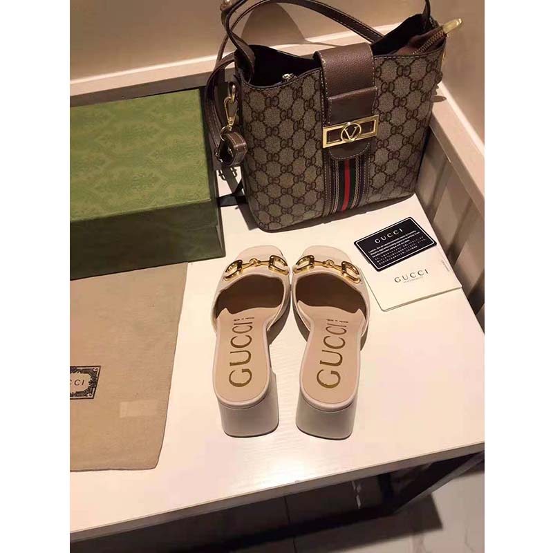 Gucci GG Women Slide Sandal with Horsebit White Leather 8 cm Heel