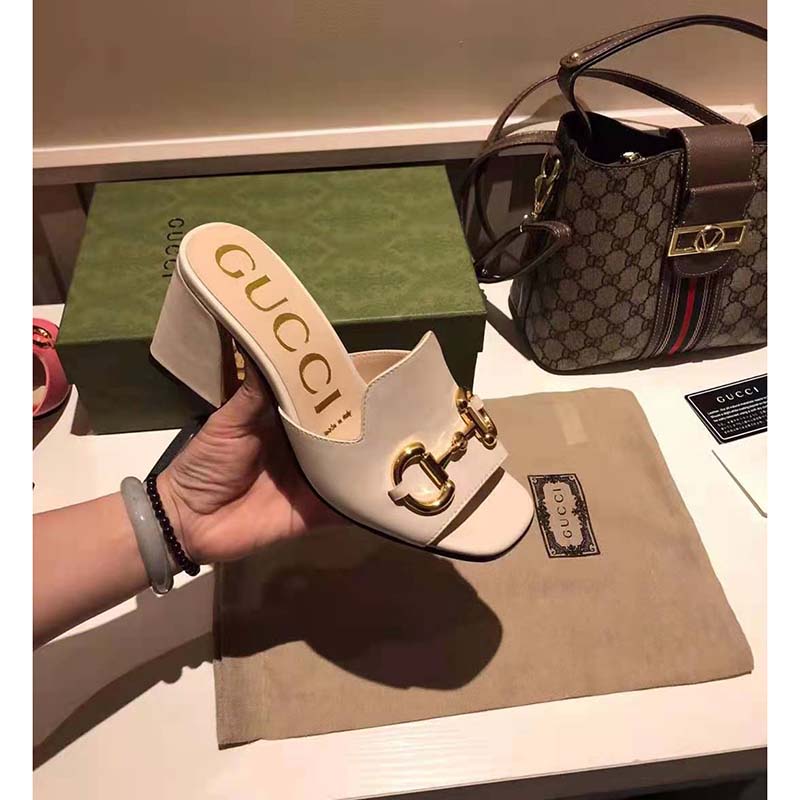 Gucci GG Women Slide Sandal with Horsebit White Leather 8 cm Heel
