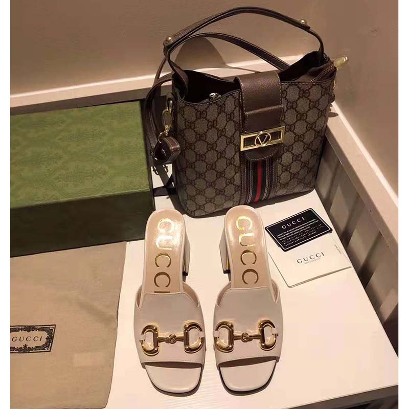 Gucci GG Women Slide Sandal with Horsebit White Leather 8 cm Heel