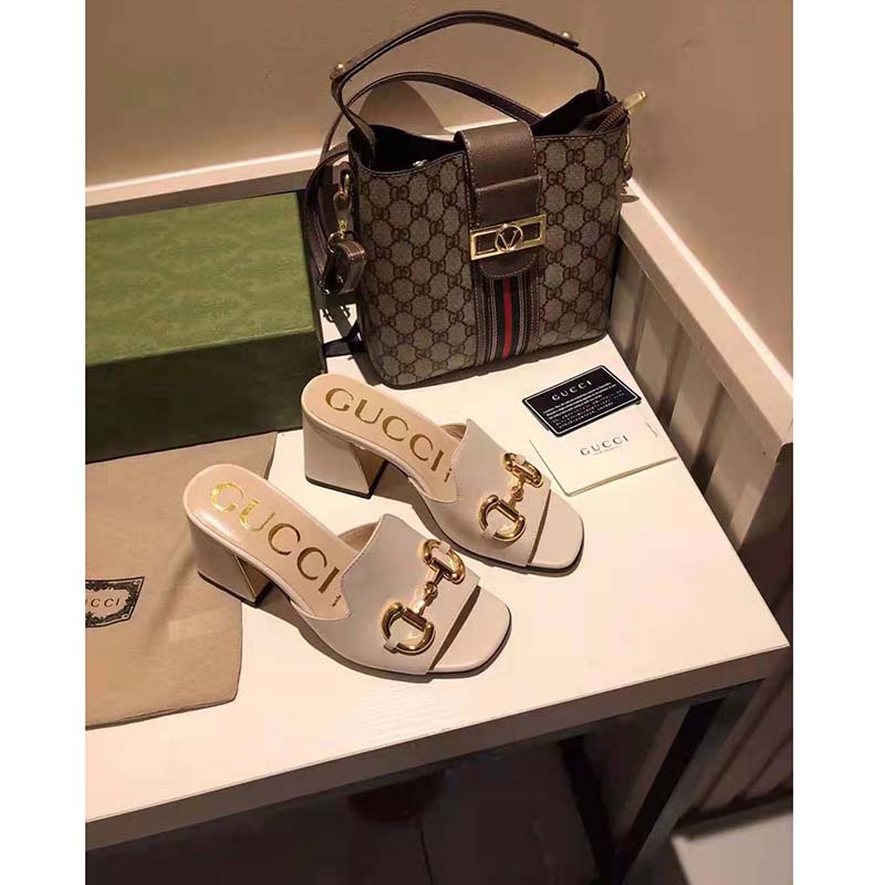 Gucci GG Women Slide Sandal with Horsebit White Leather 8 cm Heel