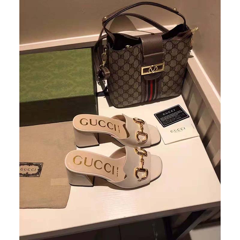 Gucci GG Women Slide Sandal with Horsebit White Leather 8 cm Heel