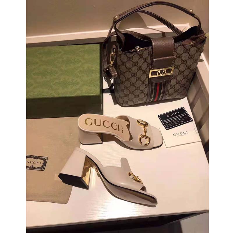 Gucci GG Women Slide Sandal with Horsebit White Leather 8 cm Heel