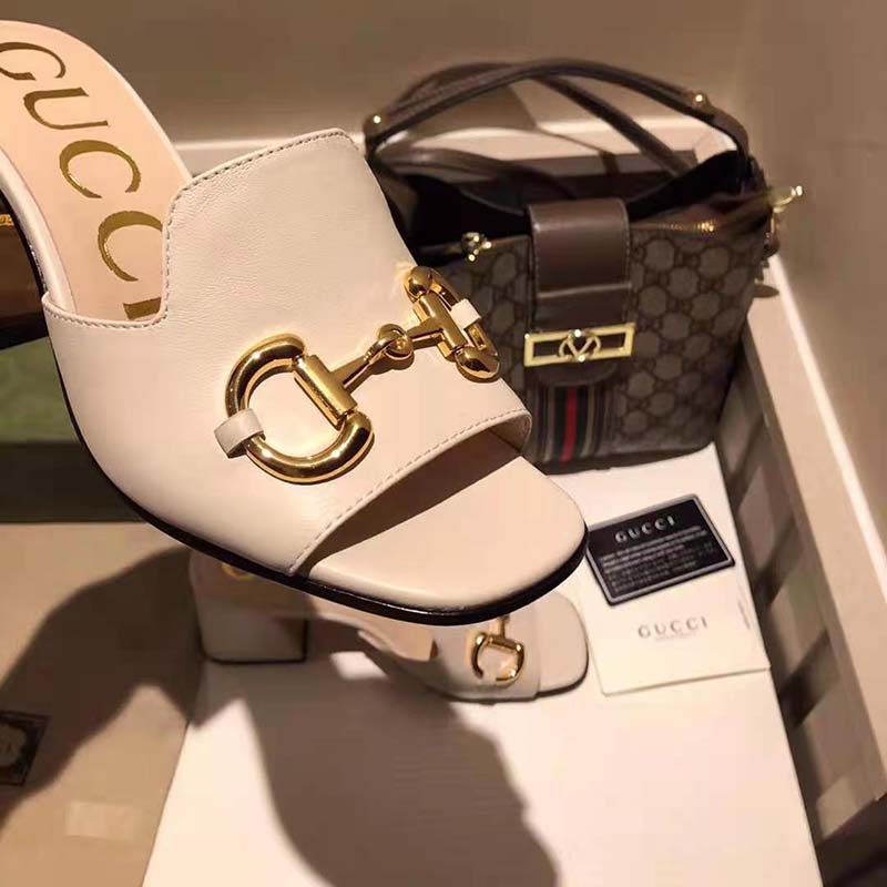 Gucci GG Women Slide Sandal with Horsebit White Leather 8 cm Heel