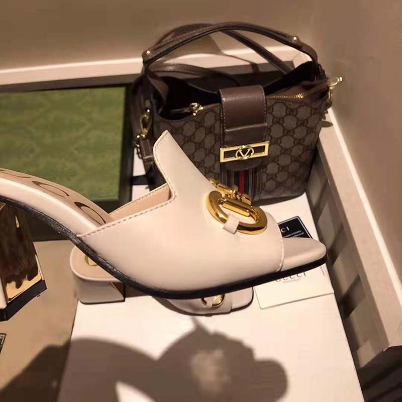 Gucci GG Women Slide Sandal with Horsebit White Leather 8 cm Heel