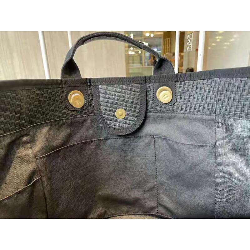 Chanel Women Large Shopping Bag Straw Calfskin & Gold-Tone Metal Black