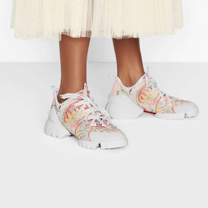 Dior Women D-Connect Sneaker White Technical Fabric with Dior In Heart Lights Print