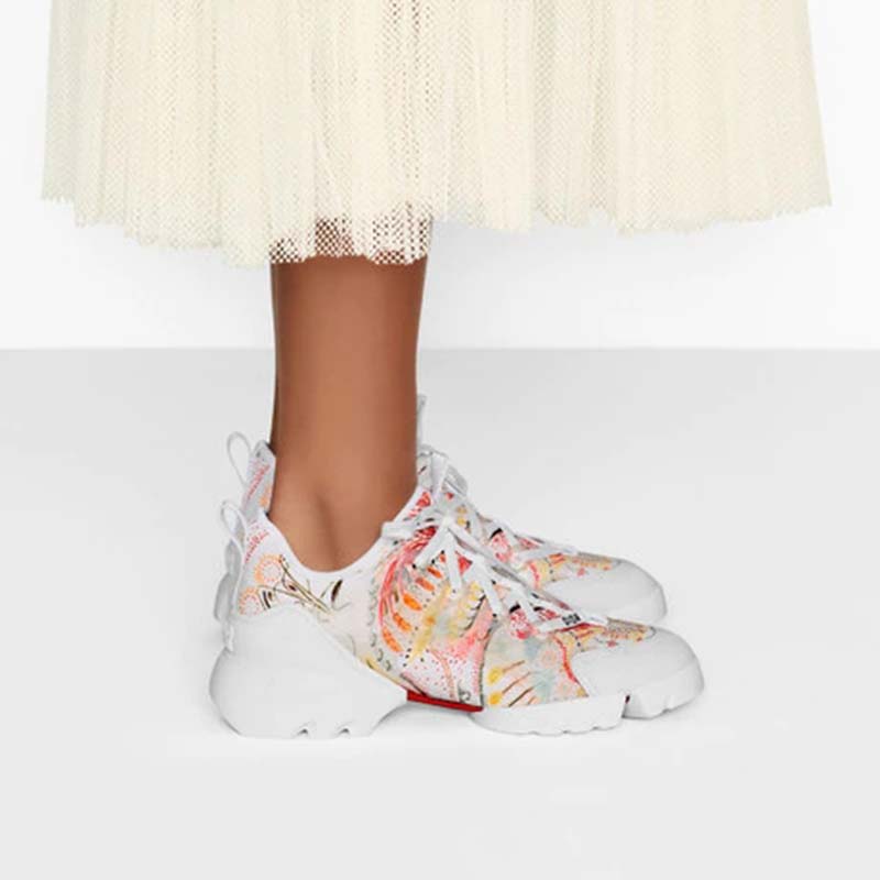Dior Women D-Connect Sneaker White Technical Fabric with Dior In Heart Lights Print
