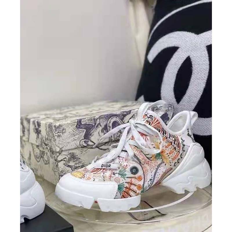 Dior Women D-Connect Sneaker White Technical Fabric with Dior In Heart Lights Print