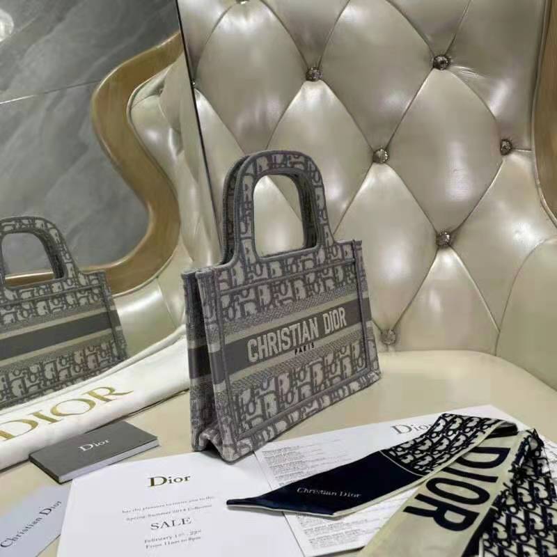 Dior Women Mini Dior Book Tote Gray Dior Oblique Embroidery