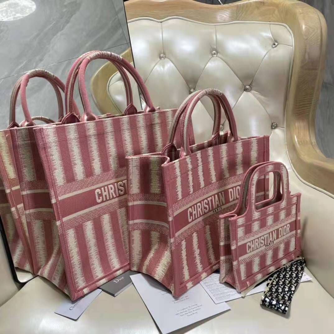 Dior Women Dior Book Tote Pink D-Stripes Embroidery