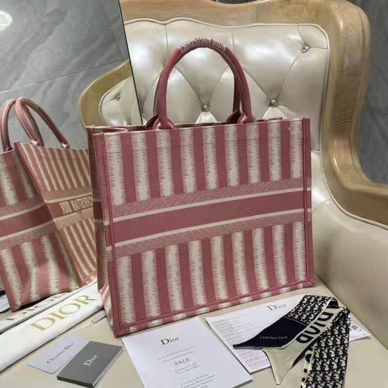 Dior Women Dior Book Tote Pink D-Stripes Embroidery