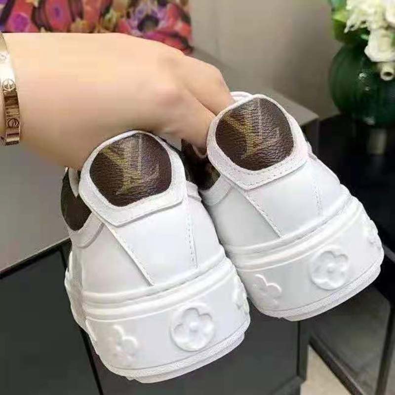 Louis Vuitton LV Unisex Time Out Sneaker Cacao Brown Calf Leather Patent Monogram Canvas