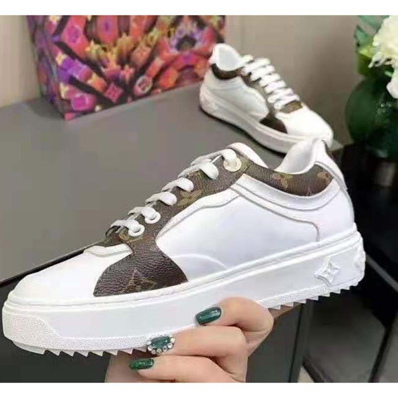 Louis Vuitton LV Unisex Time Out Sneaker Cacao Brown Calf Leather Patent Monogram Canvas