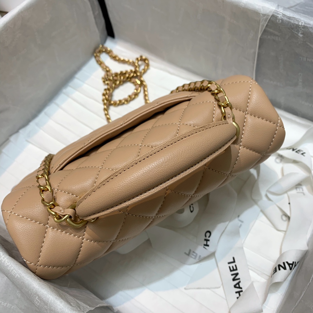 Chanel Women Mini Flap Bag with Top Handle Grained Calfskin Gold-Tone Metal Sandy