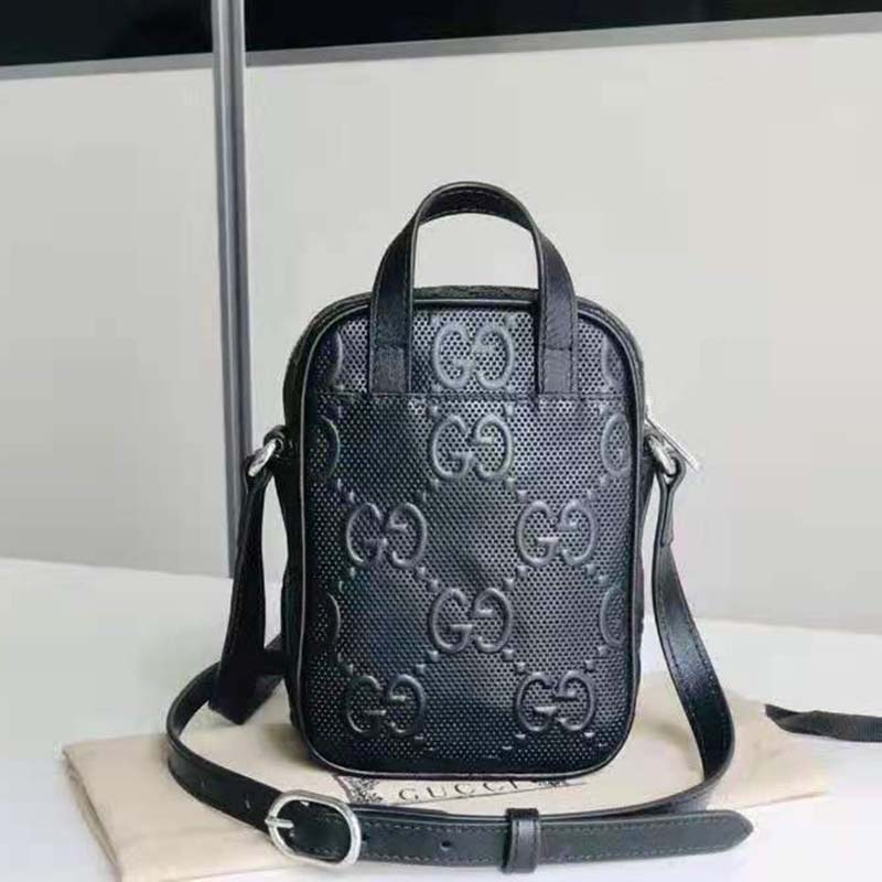 Gucci GG Unisex Embossed Mini Bag Black Leather Cotton Linen
