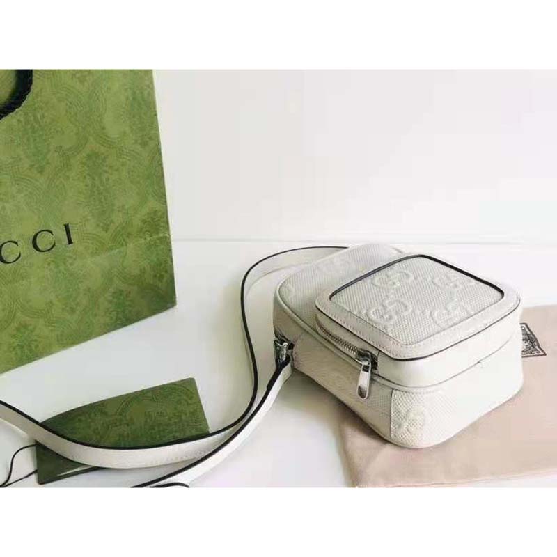 Gucci GG Unisex Embossed Mini Bag White Leather Cotton Linen