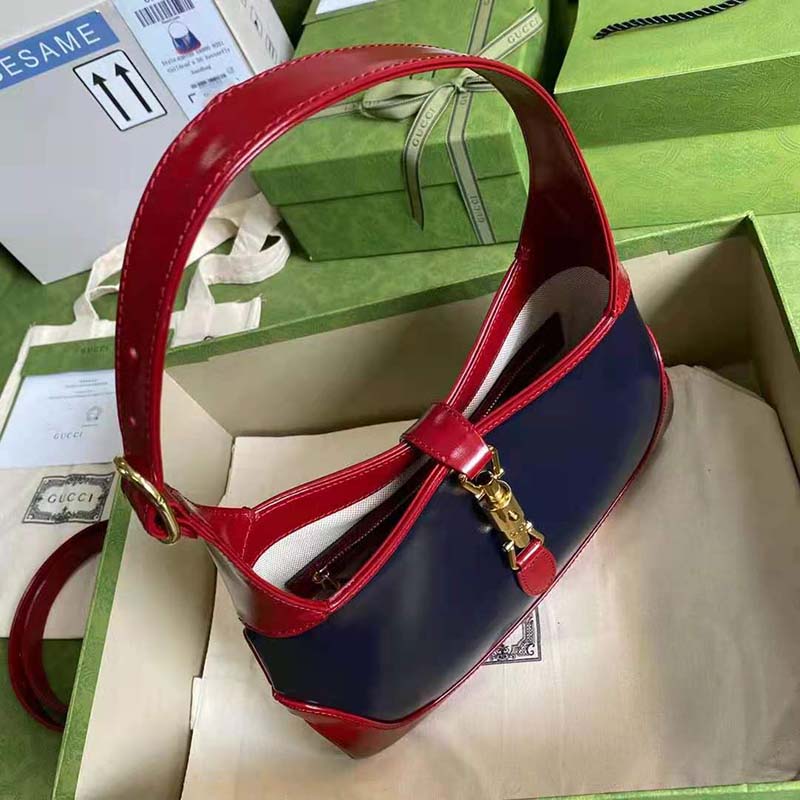 Gucci GG Women Jackie 1961 Small Shoulder Bag Navy Leather Dark Red Leather