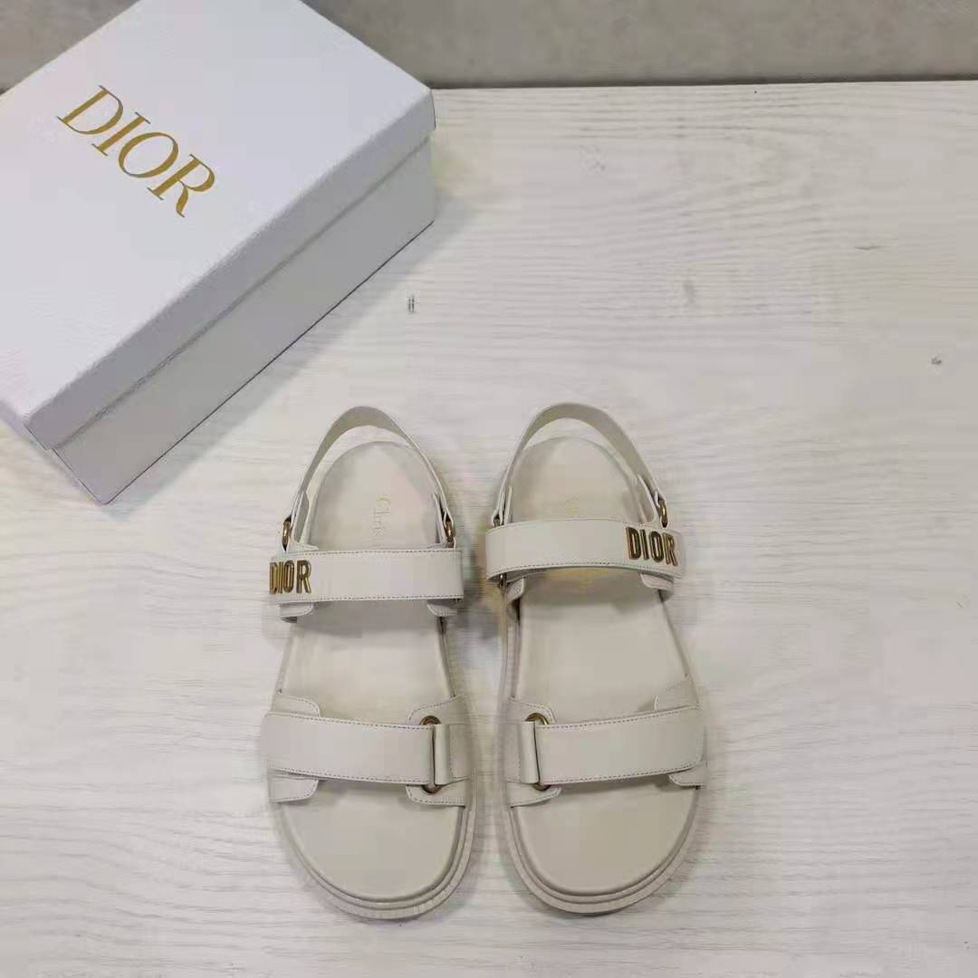 Dior Women Shoes DiorAct Sandal White Lambskin Gold-Finish Metal DIOR Signature