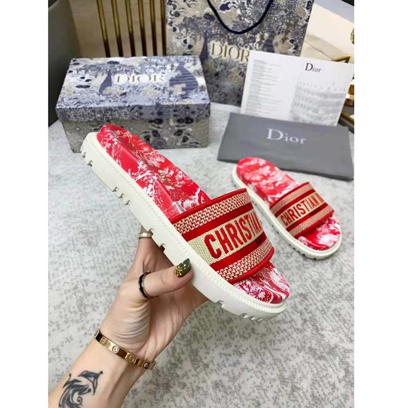 Dior Women Shoes Dway Slide Raspberry Toile De Jouy Reverse Embroidered Cotton
