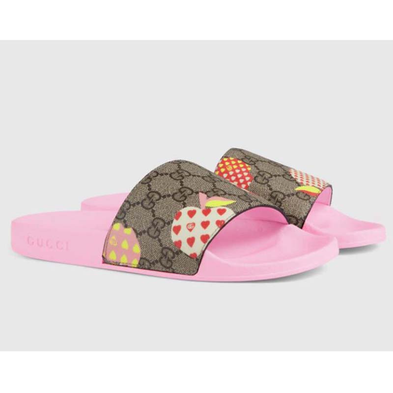 Gucci GG Unisex Gucci Les Pommes Slide Sandal Beige and Ebony GG Supreme Canvas