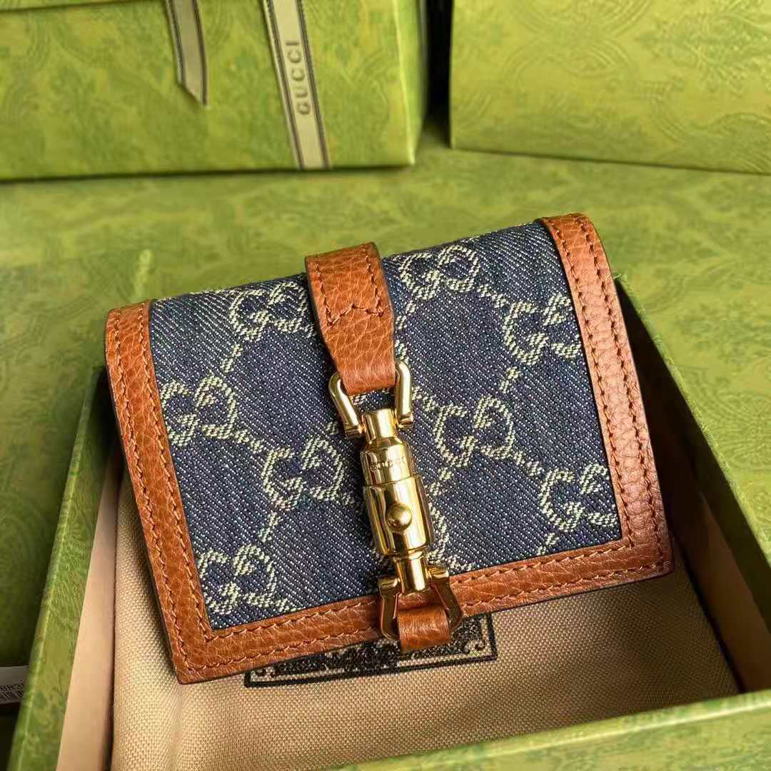 Gucci GG Unisex Jackie 1961 Card Case Wallet Dark Blue Ivory Eco Washed Organic GG Jacquard Denim