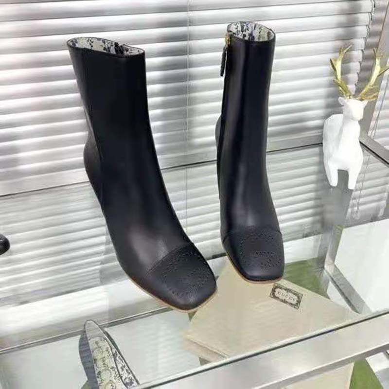 Gucci GG Women Ankle Boot with Interlocking G Black Leather 9 cm Heel