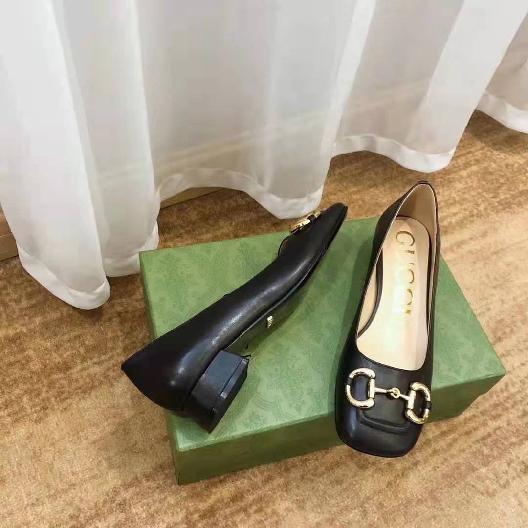 Gucci GG Women Ballet Flat with Horsebit Black Leather 3 cm Heel