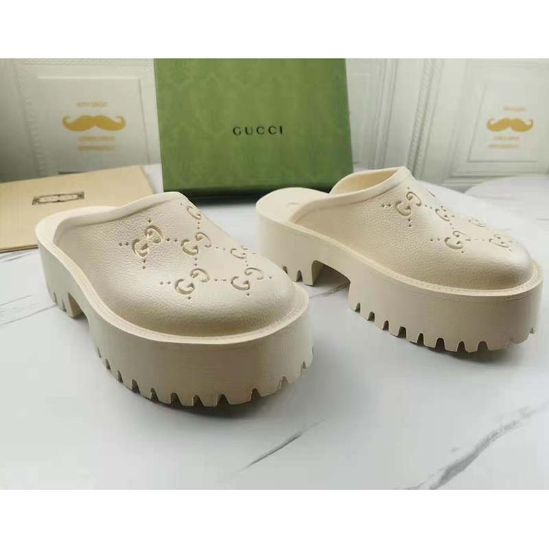 Gucci GG Women Platform Perforated G Sandal White Perforated GG Rubber
