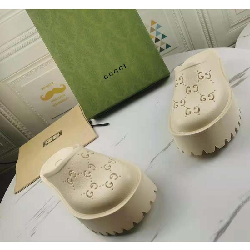 Gucci GG Women Platform Perforated G Sandal White Perforated GG Rubber