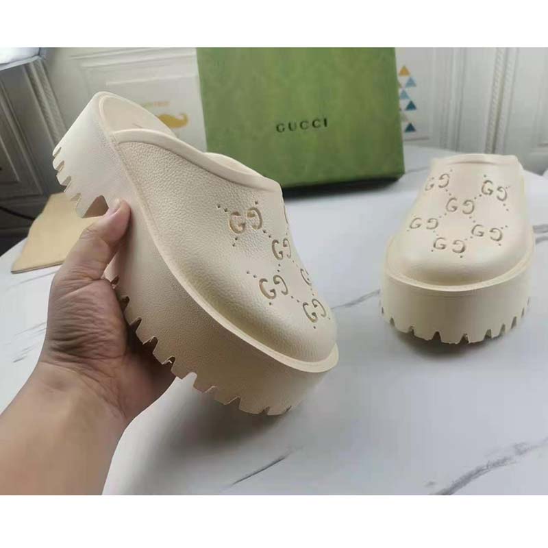 Gucci GG Women Platform Perforated G Sandal White Perforated GG Rubber