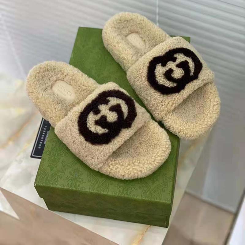 Gucci GG Women Slide Sandal with Interlocking G Light Brown Interlocking G Merino Wool