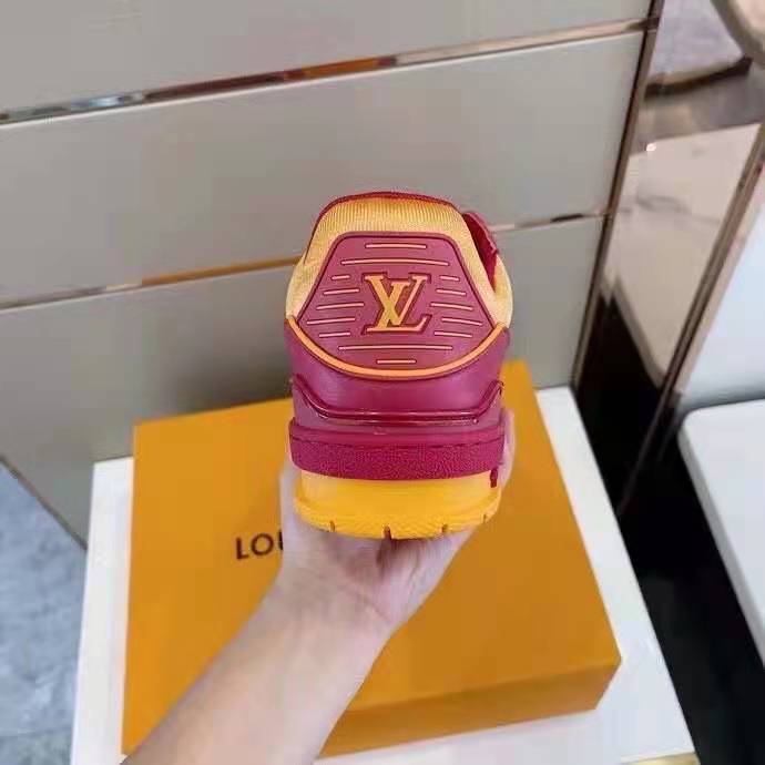 Louis Vuitton LV Unisex LV Trainer Sneaker Bordeaux Red Monogram Embossed Grained Calf Leather