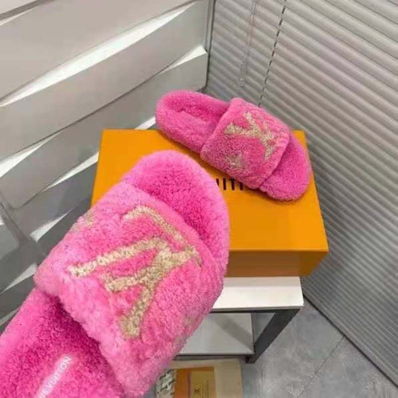 Louis Vuitton LV Women Paseo Flat Comfort Mule Pink Shearling LV Initials Monogram Flowers