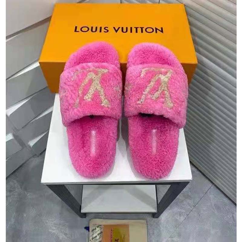 Louis Vuitton LV Women Paseo Flat Comfort Mule Pink Shearling LV Initials Monogram Flowers