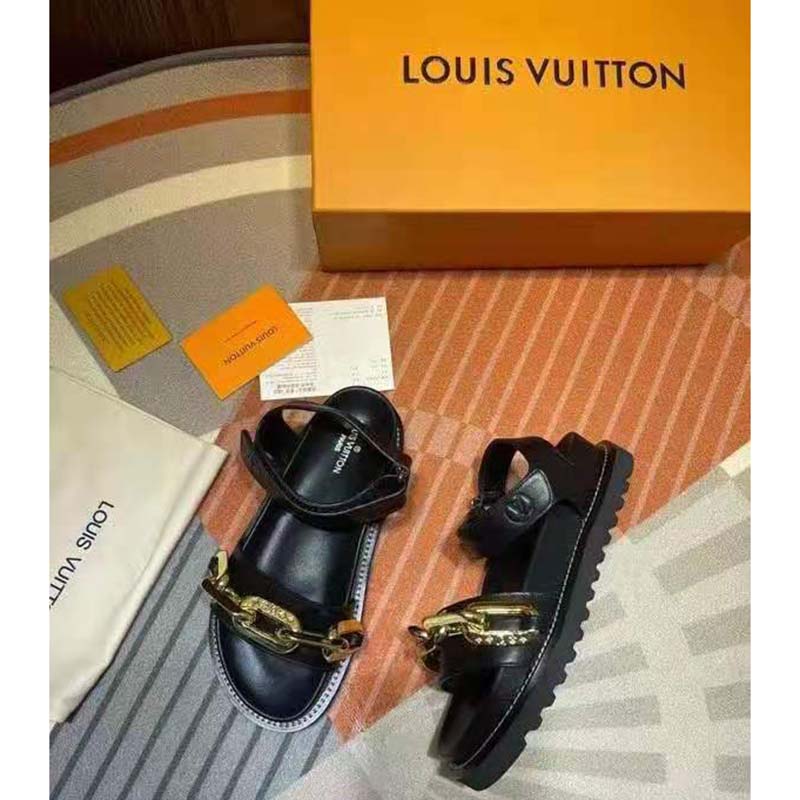 Louis Vuitton LV Women Paseo Flat Comfort Sandal Black Calf Leather Anatomic Insole
