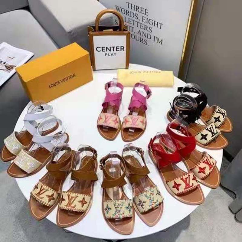 Louis Vuitton LV Women Sienna Flat Sandal Cognac Brown Raffia Leather Outsole