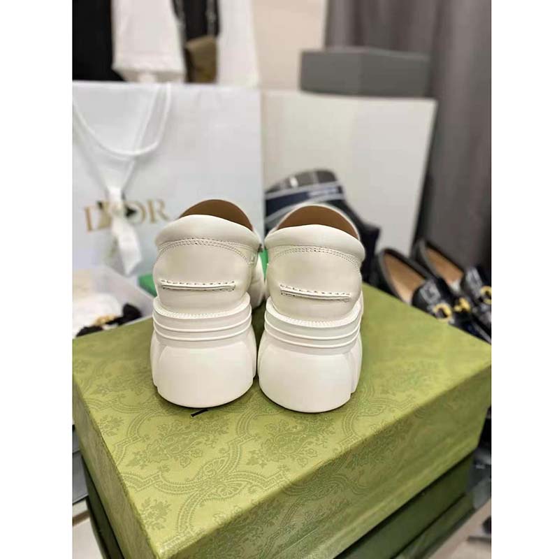 Gucci GG Women Lug Sole Horsebit Loafer White Shiny Leather 3 cm Heel