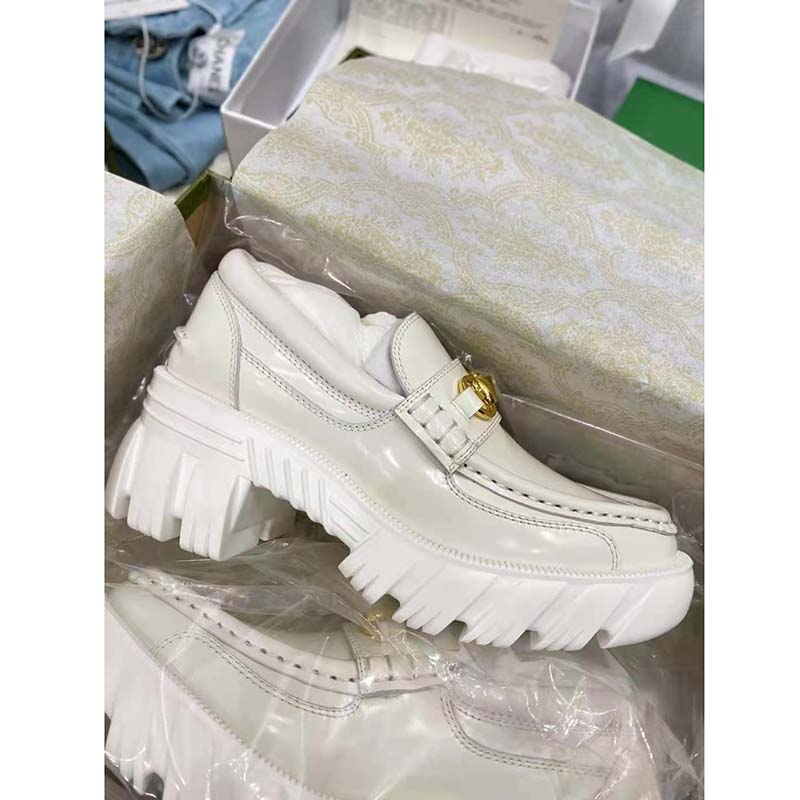 Gucci GG Women Lug Sole Horsebit Loafer White Shiny Leather 3 cm Heel