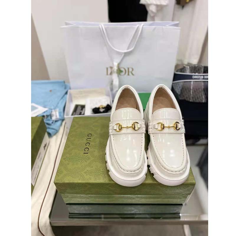 Gucci GG Women Lug Sole Horsebit Loafer White Shiny Leather 3 cm Heel