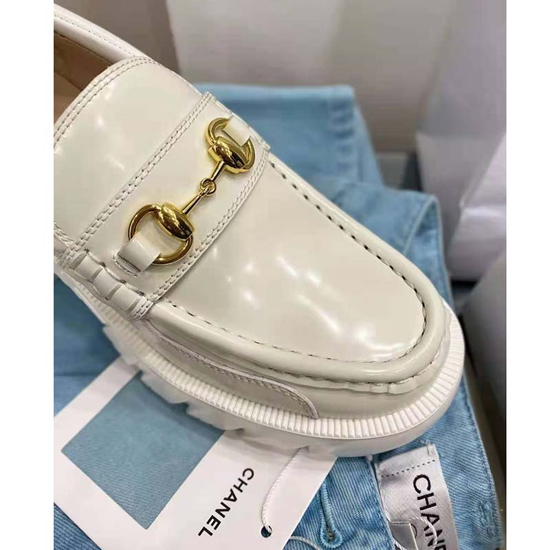 Gucci GG Women Lug Sole Horsebit Loafer White Shiny Leather 3 cm Heel
