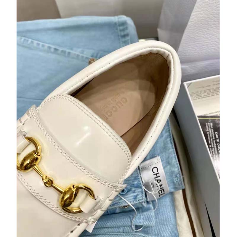 Gucci GG Women Lug Sole Horsebit Loafer White Shiny Leather 3 cm Heel