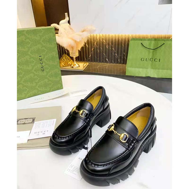 Gucci Women Loafer with Horsebit Black Leather Rubber Lug Sole 4 cm Heel