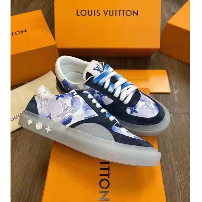 Louis Vuitton LV Unisex LV Ollie Sneaker Blue Watercolor Monogram Canvas Suede Calf Leather
